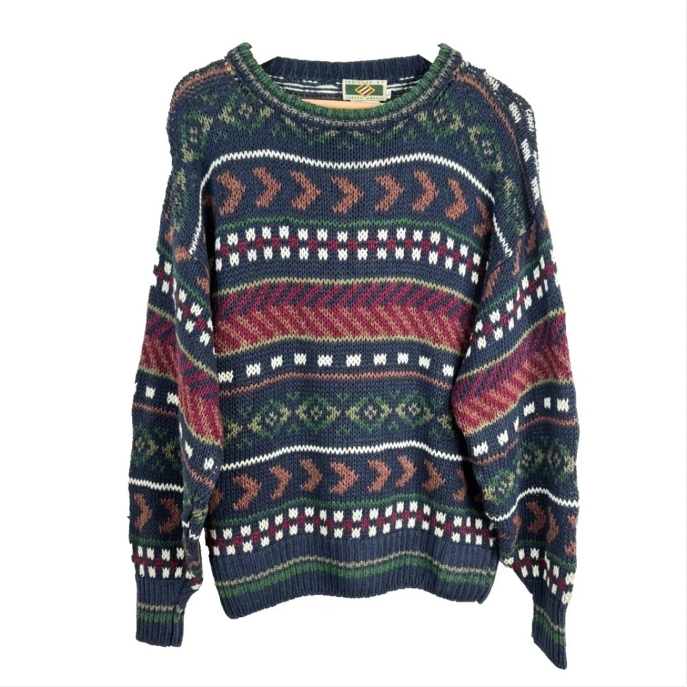 VTG 90s Joseph Abboud Silk Linen Sweater L Hand Knit Made in Scotland Geometric - Picture 9 of 9
